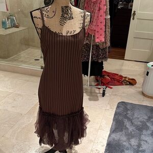 Designer Krista Larson brown/tan striped slip/dress, fabulous layered netting